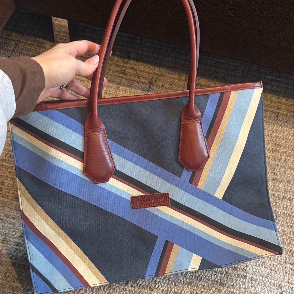 Longchamp Blue and Brown Striped Tote